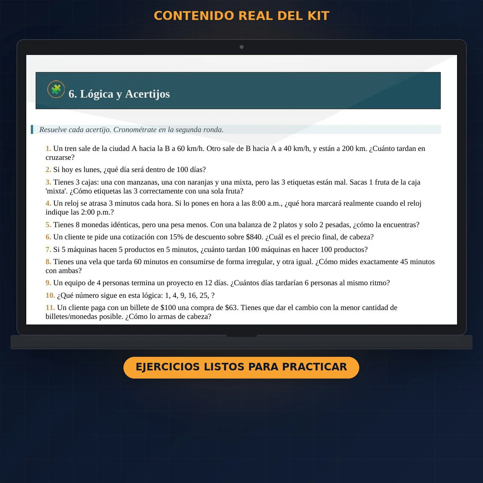 Ejemplo real de ejercicios de lógica y acertijos del kit