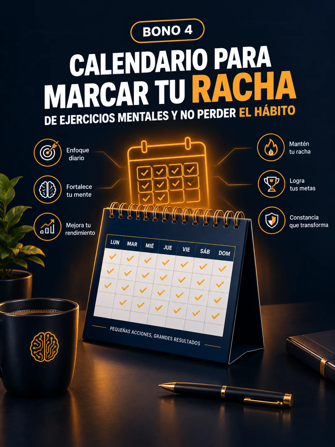 Calendario de 30 días con días marcados en ámbar sujeto con una pinza