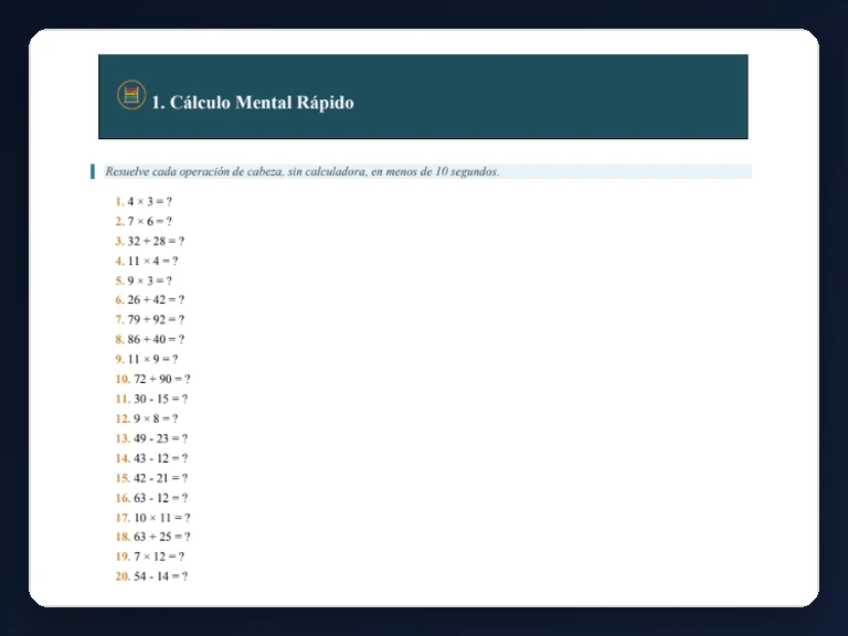 Página interior con operaciones de cálculo mental y un lápiz