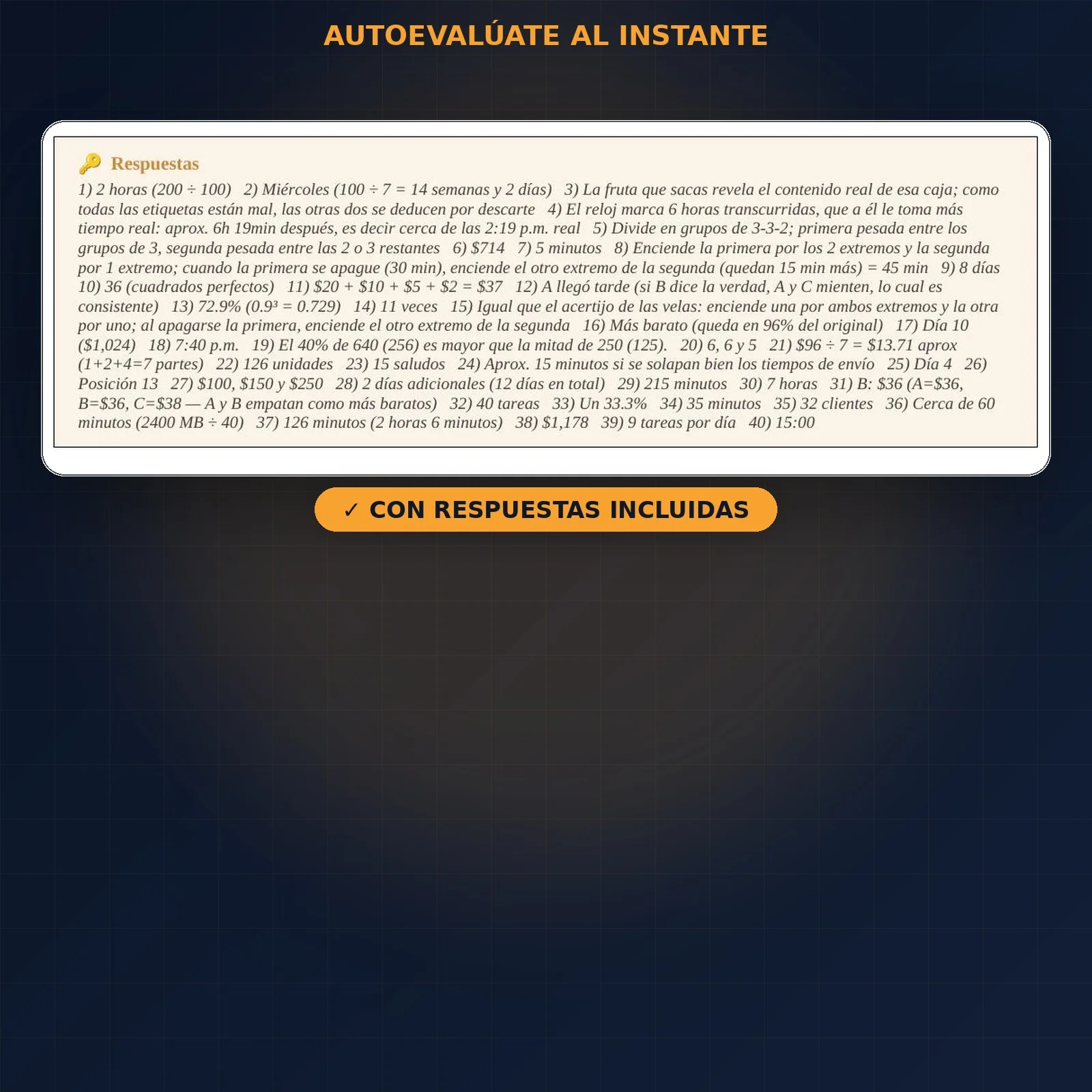 Bloque de respuestas incluidas para autoevaluarte al instante