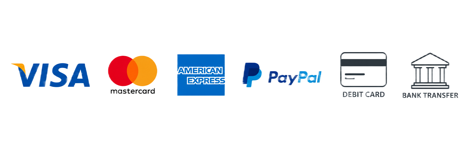 Métodos de pago disponibles: Visa, Mastercard, American Express, PayPal, tarjeta de débito y transferencia bancaria